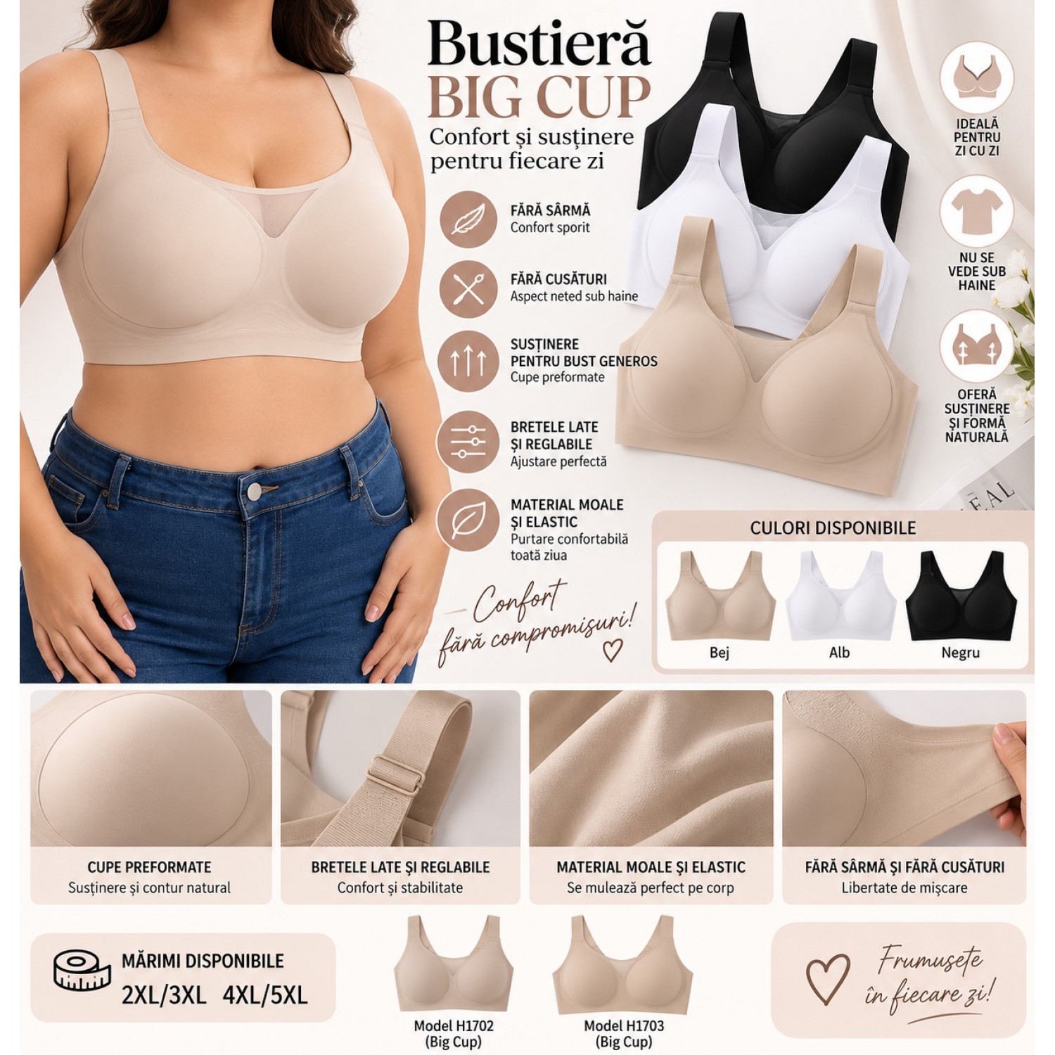 Bustieră damă Big Cup fără sârmă și fără cusături – confort și susținere Lenjerie Modelatoare