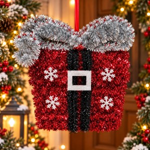 Decorațiune Crăciun – Cadou Roșu cu Fundă Argintie, 25 cm