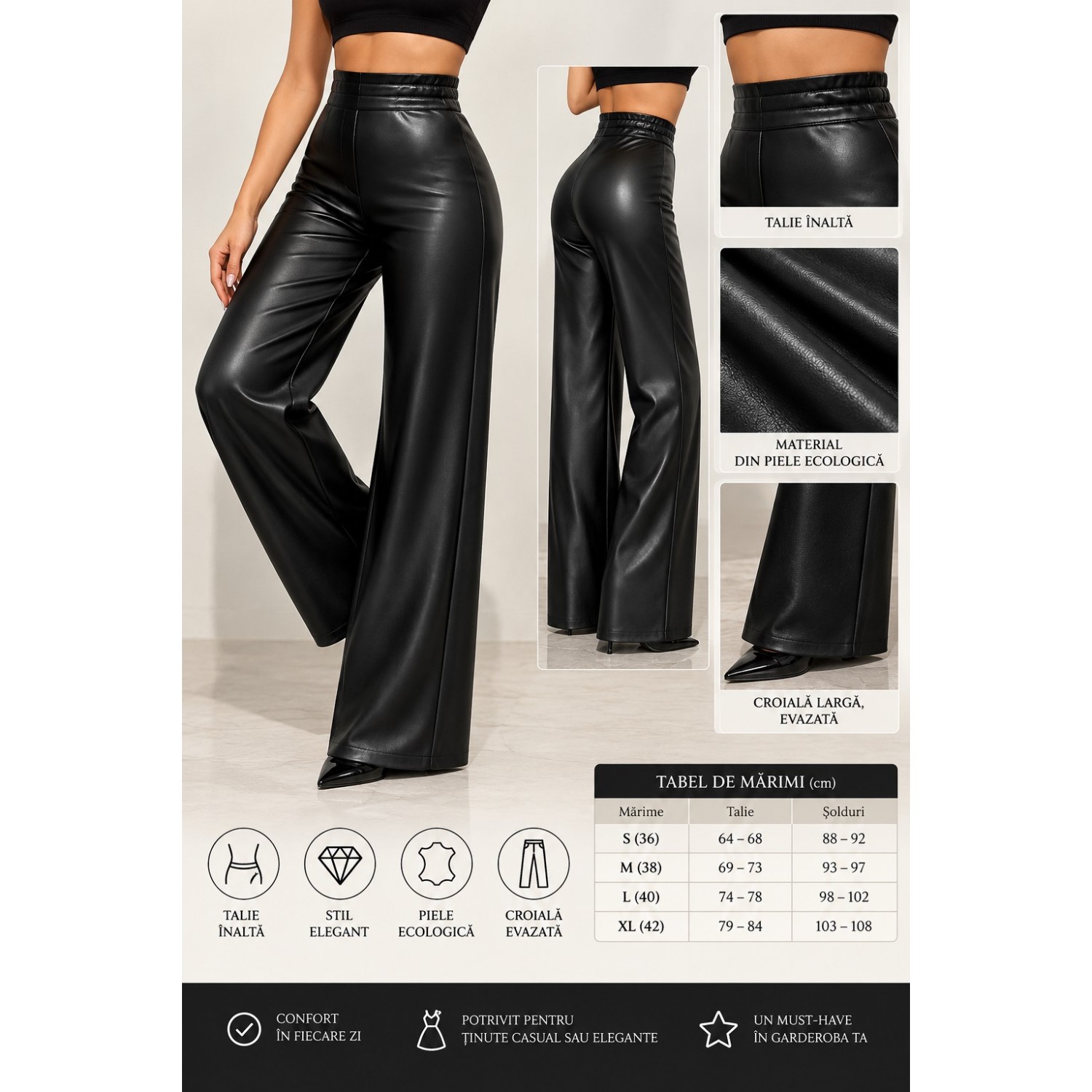 Pantaloni damă din piele ecologică, cu talie înaltă și croială evazată – Negru Colanti