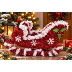 Sanie decorativă de Crăciun, roșu cu alb, cu fulgi de zăpadă și accente strălucitoare 28cm
