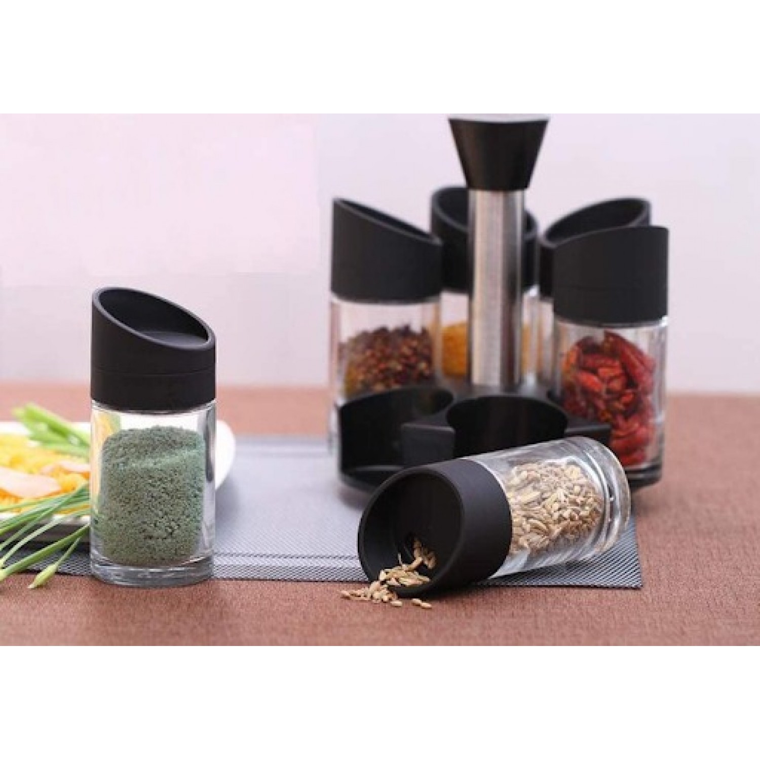 Set 6 Recipiente Pentru Condimente Cu Suport Rotativ Spice Rack Pentru Casa