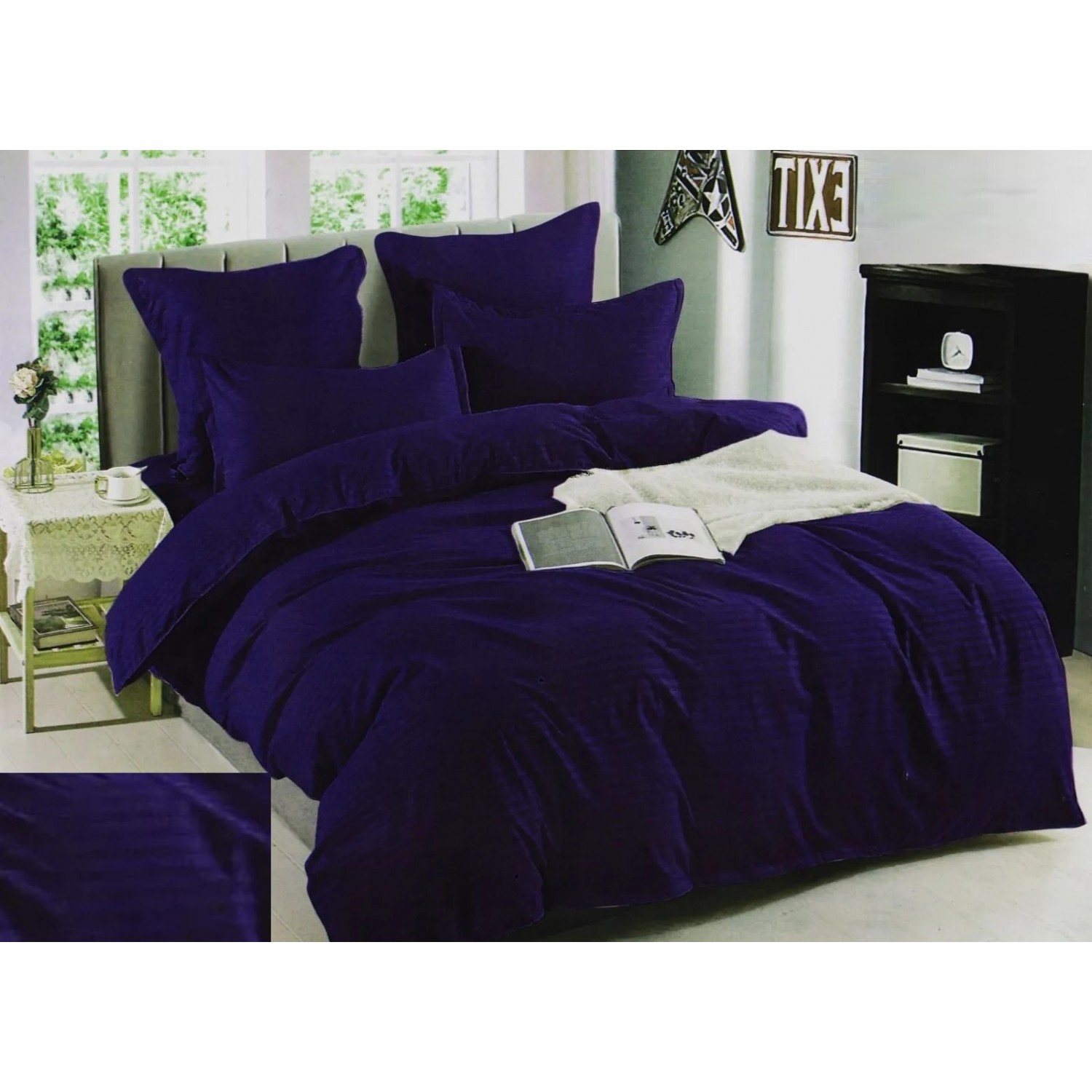 SET 6 Piese Lenjerie de pat din Damasc - pat dublu, culoare Bleumarin Pentru Casa