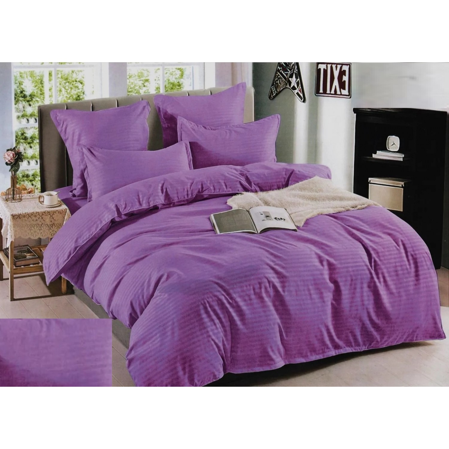 SET 6 Piese Lenjerie de pat din Damasc - pat dublu, culoare Mov Pentru Casa
