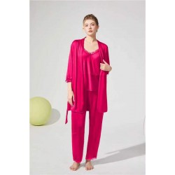 SET 3 Piese pijamale din satin, cu dantela, pantalon lung - Ciclam