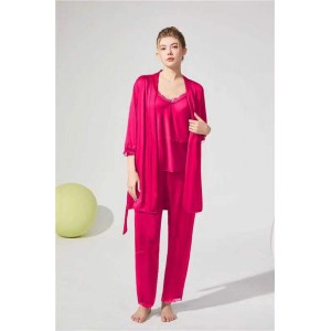 SET 3 Piese pijamale din satin, cu dantela, pantalon lung - Ciclam