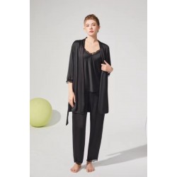 SET 3 Piese pijamale din satin, cu dantela, pantalon lung - Negru