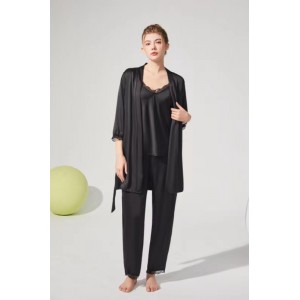 SET 3 Piese pijamale din satin, cu dantela, pantalon lung - Negru