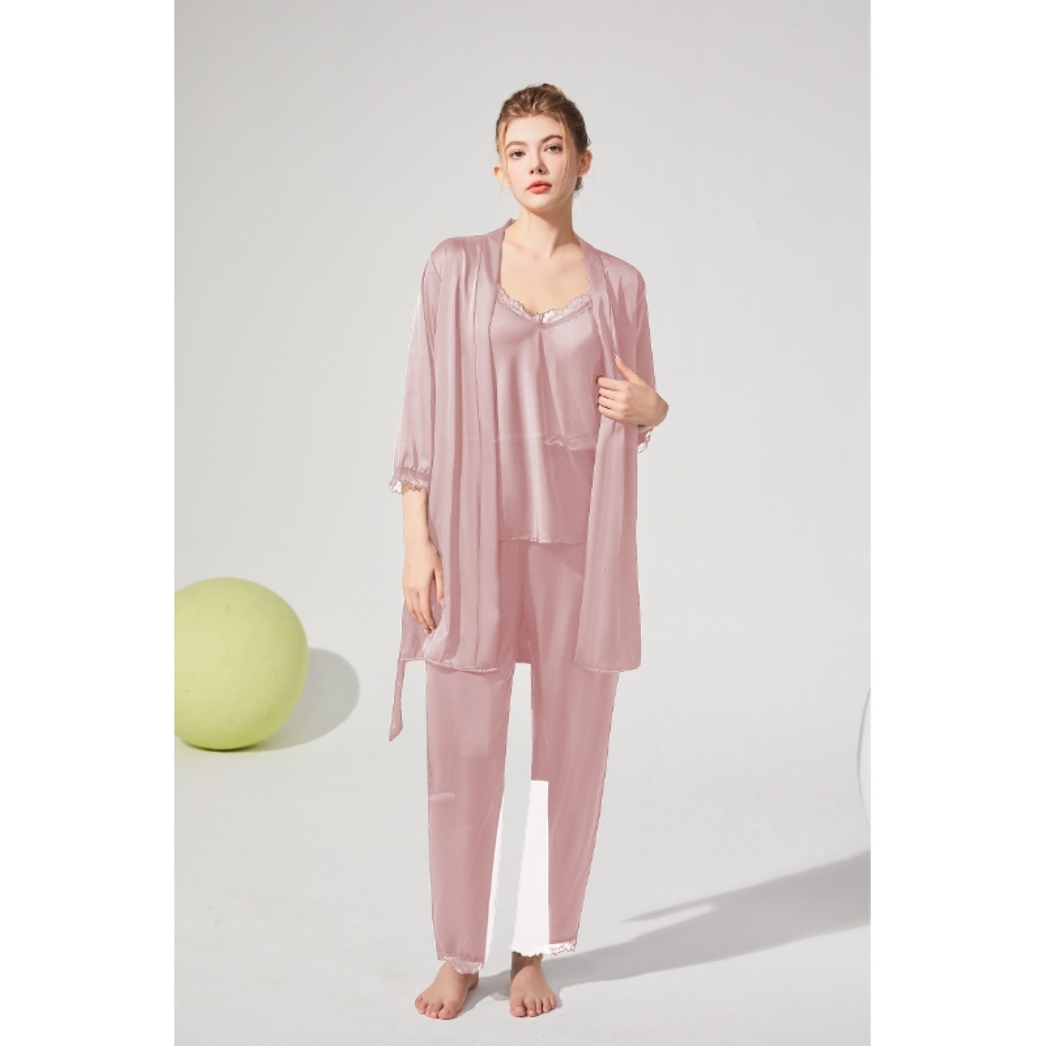 SET 3 Piese pijamale din satin, cu dantela, pantalon lung - Roz Seturi produse