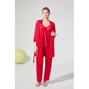 SET 3 Piese pijamale din satin, cu dantela, pantalon lung - Rosu