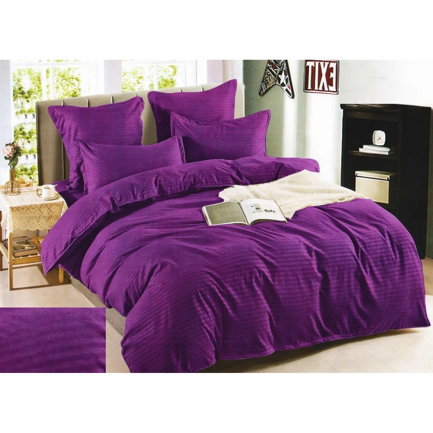 SET 6 Piese Lenjerie de pat din Damasc - pat dublu, culoare Mov inchis Pentru Casa