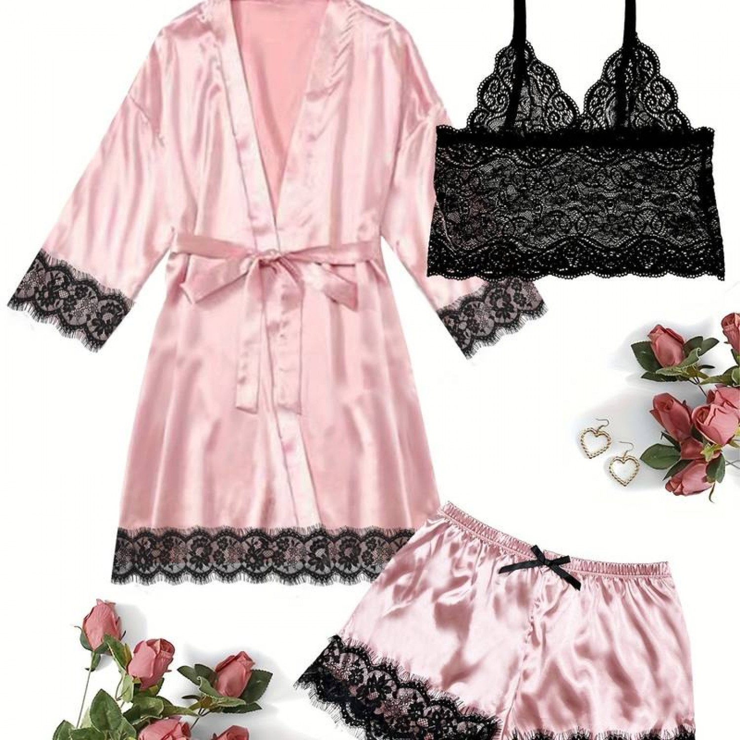 Pijama satinata (set 3 piese) culoare Roz & Negru - Valentine's Day Lenjerie Modelatoare