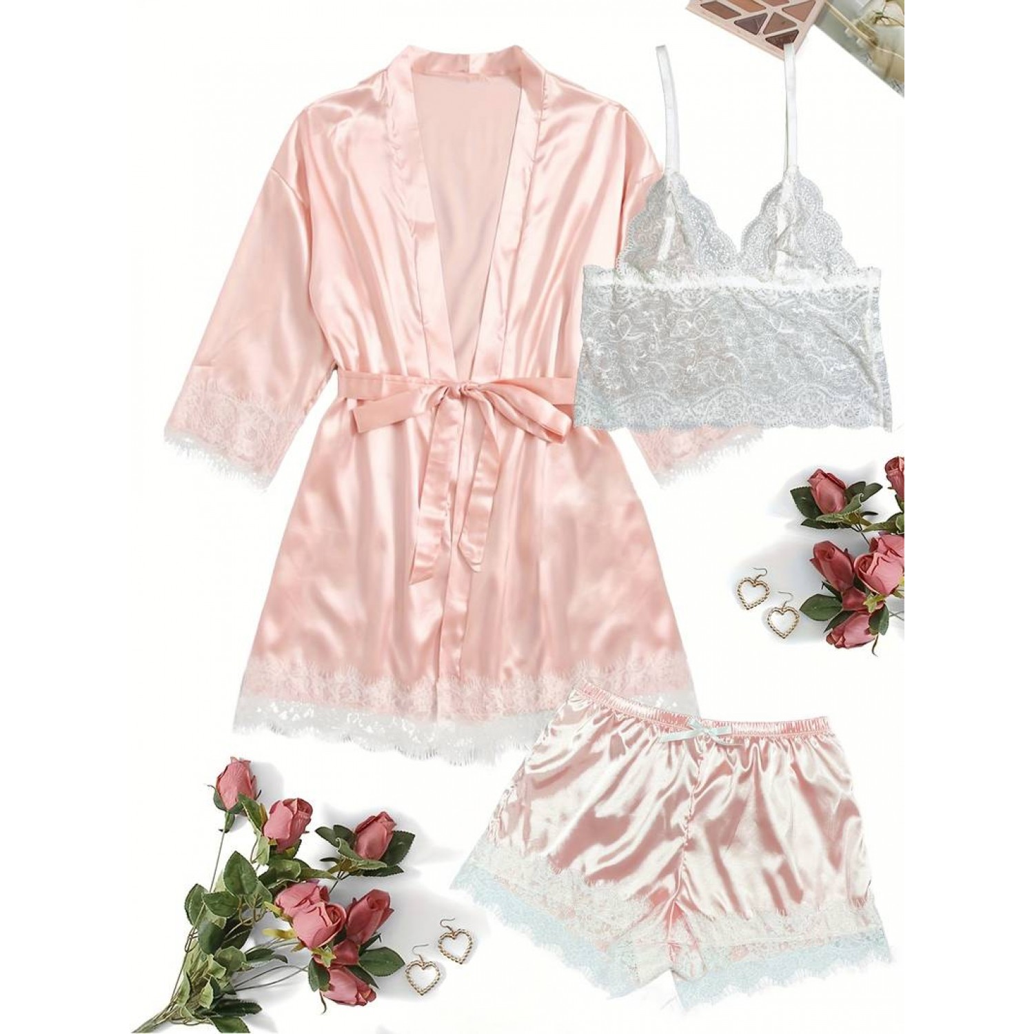 Pijama satinata  (set 3 piese) culoare Roz & Alb - Valentine's Day Lenjerie Modelatoare