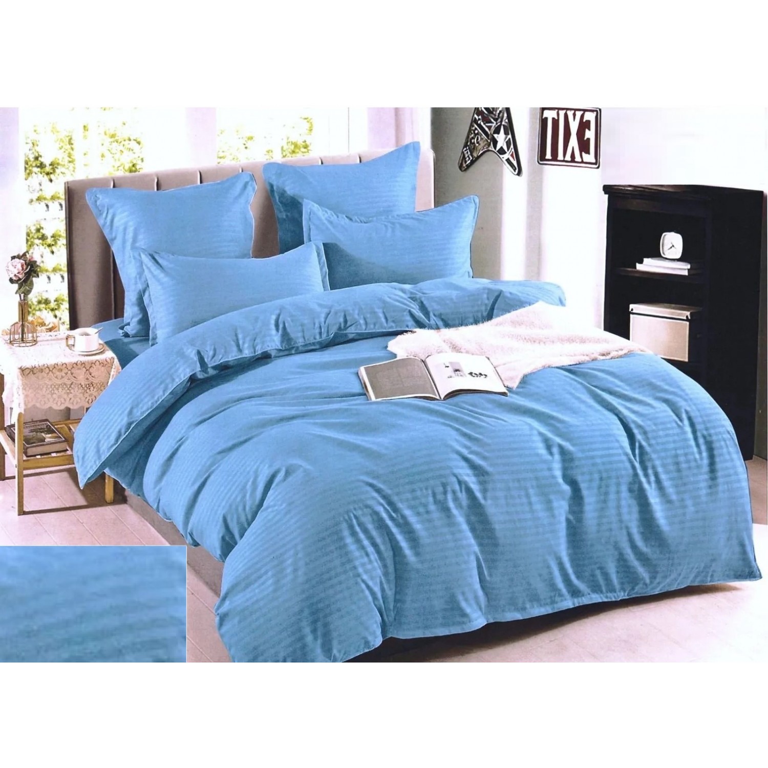 SET 6 Piese Lenjerie de pat din Damasc - pat dublu, culoare albastru deschis Pentru Casa