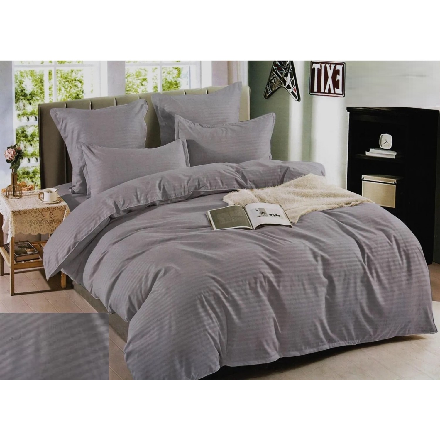 SET 6 Piese Lenjerie de pat din Damasc - pat dublu, culoare Gri Pentru Casa