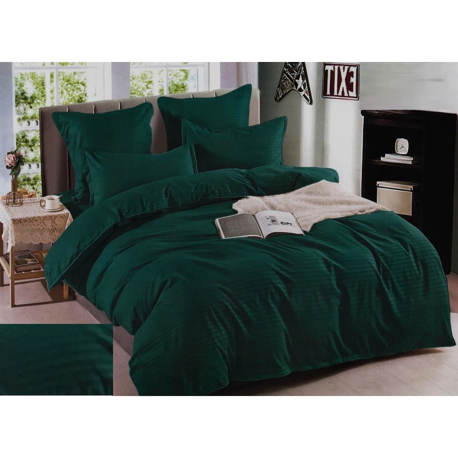 SET 6 Piese Lenjerie de pat din Damasc - pat dublu, culoare Verde inchis Pentru Casa