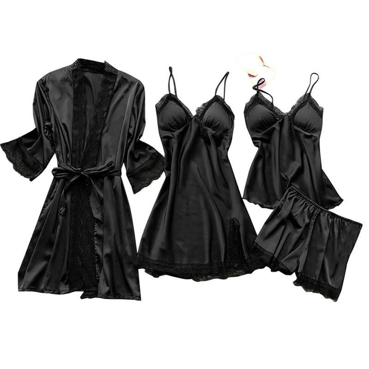 Pijama satinata (set 4 piese) culoare Negru Lenjerie Modelatoare