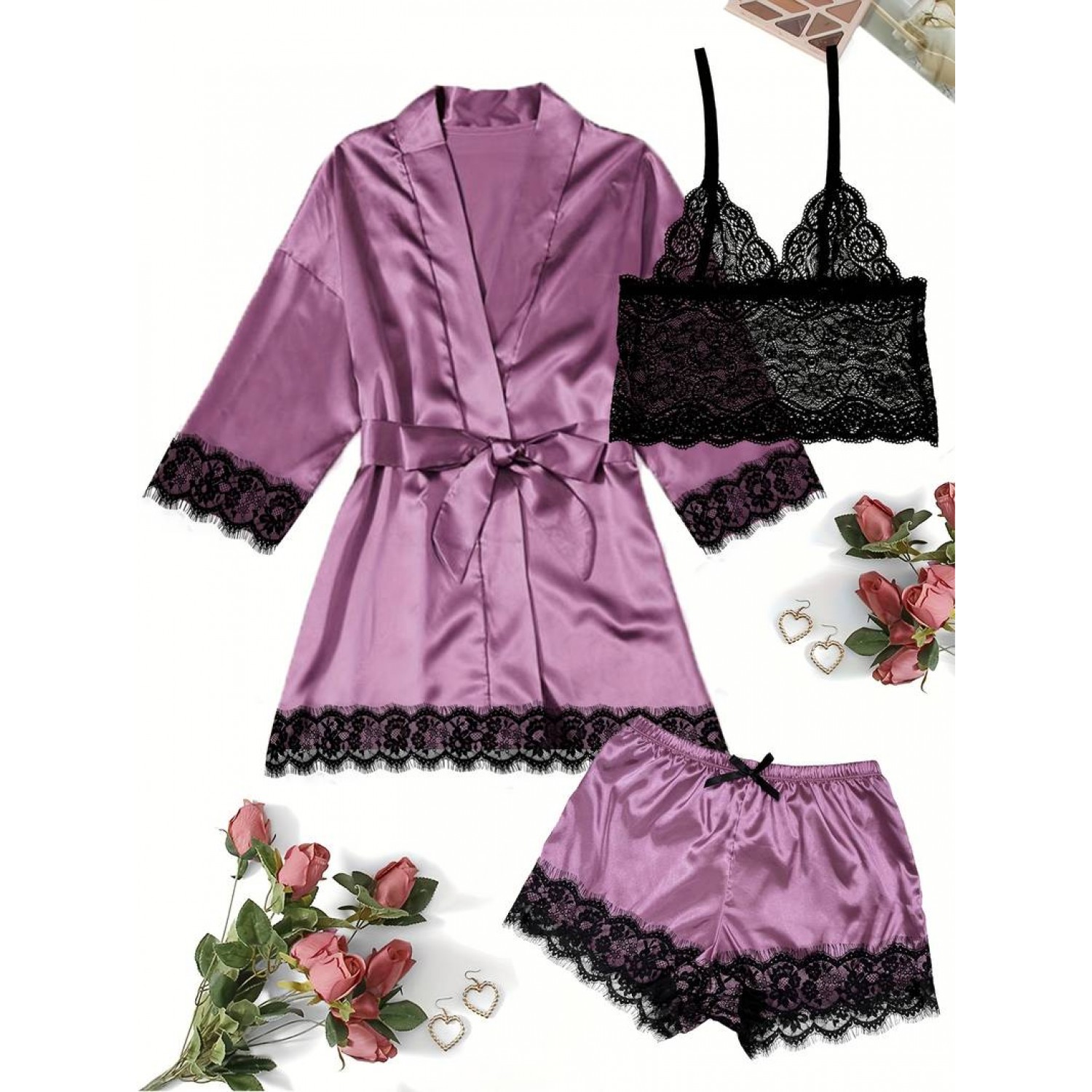 Pijama satinata  (set 3 piese) culoare Mov Lenjerie Modelatoare