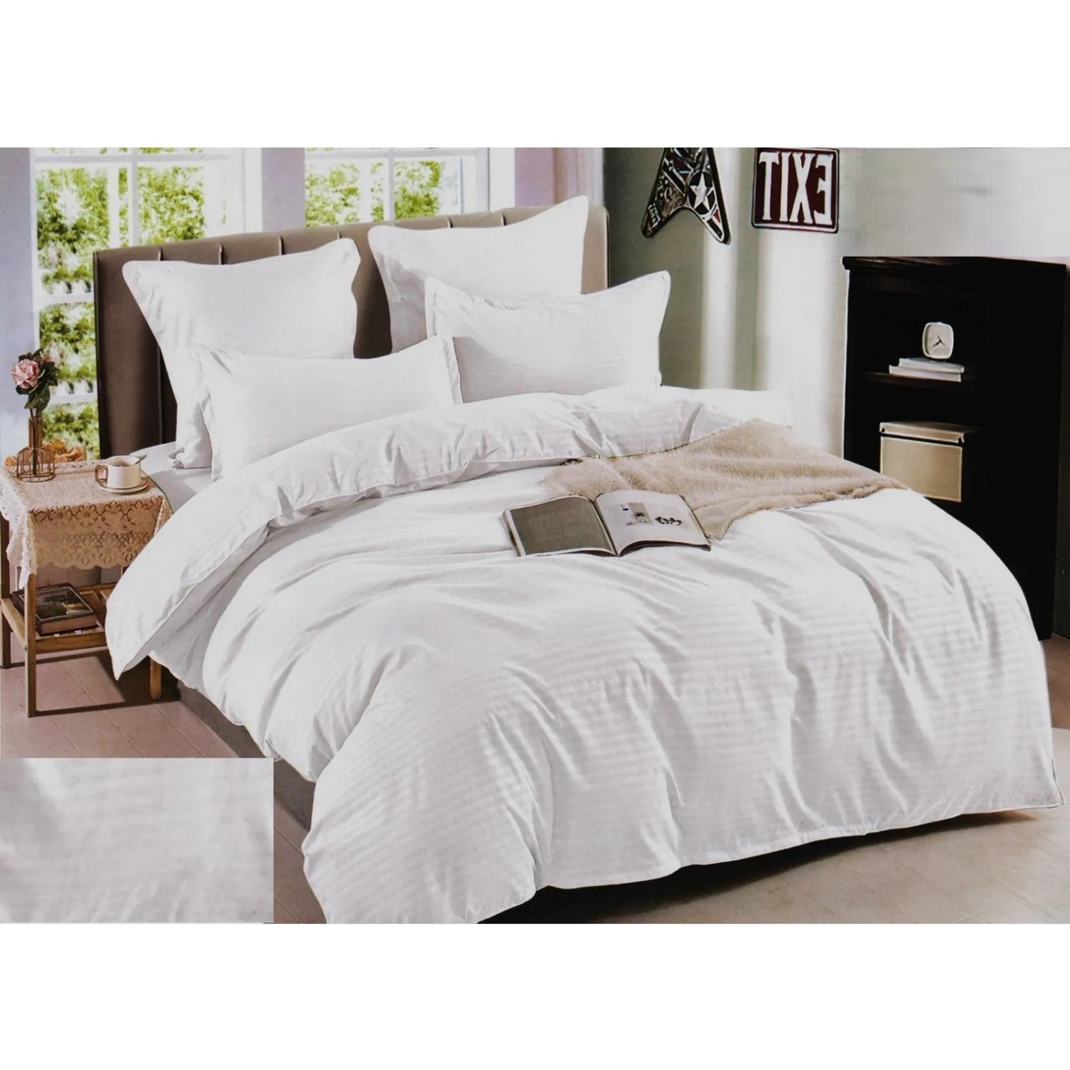 SET 6 Piese Lenjerie de pat din Damasc - pat dublu, culoare Alb Pentru Casa