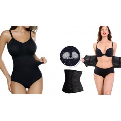 SET PROMO: Body modelator Intimo + Centura modelatoare tip corset, efect talie de viespe cu prindere mos si baba