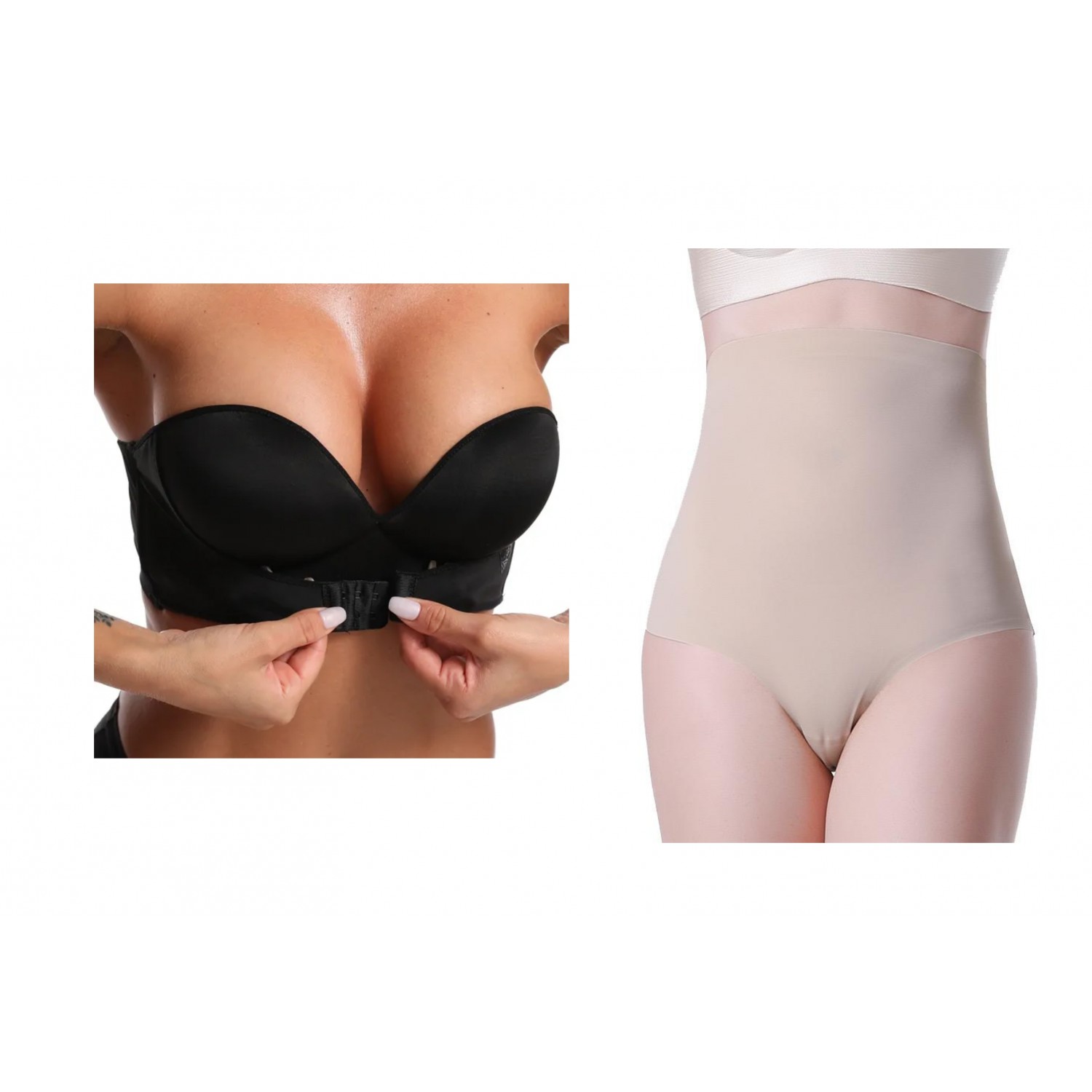 SET: Sutien fara bretele, cu super push up + Chilot tanga din microfibra, cu banda adeziva (talie inalta) Lenjerie Modelatoare