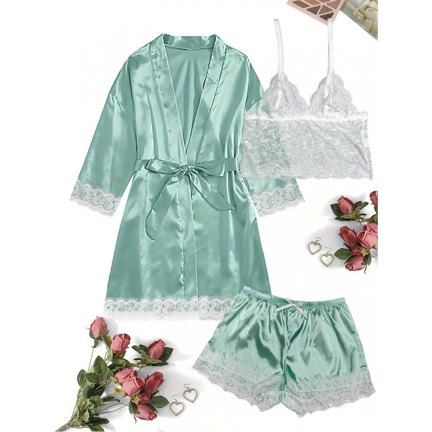 Pijama satinata (set 3 piese) culoare Bleu Lenjerie Modelatoare