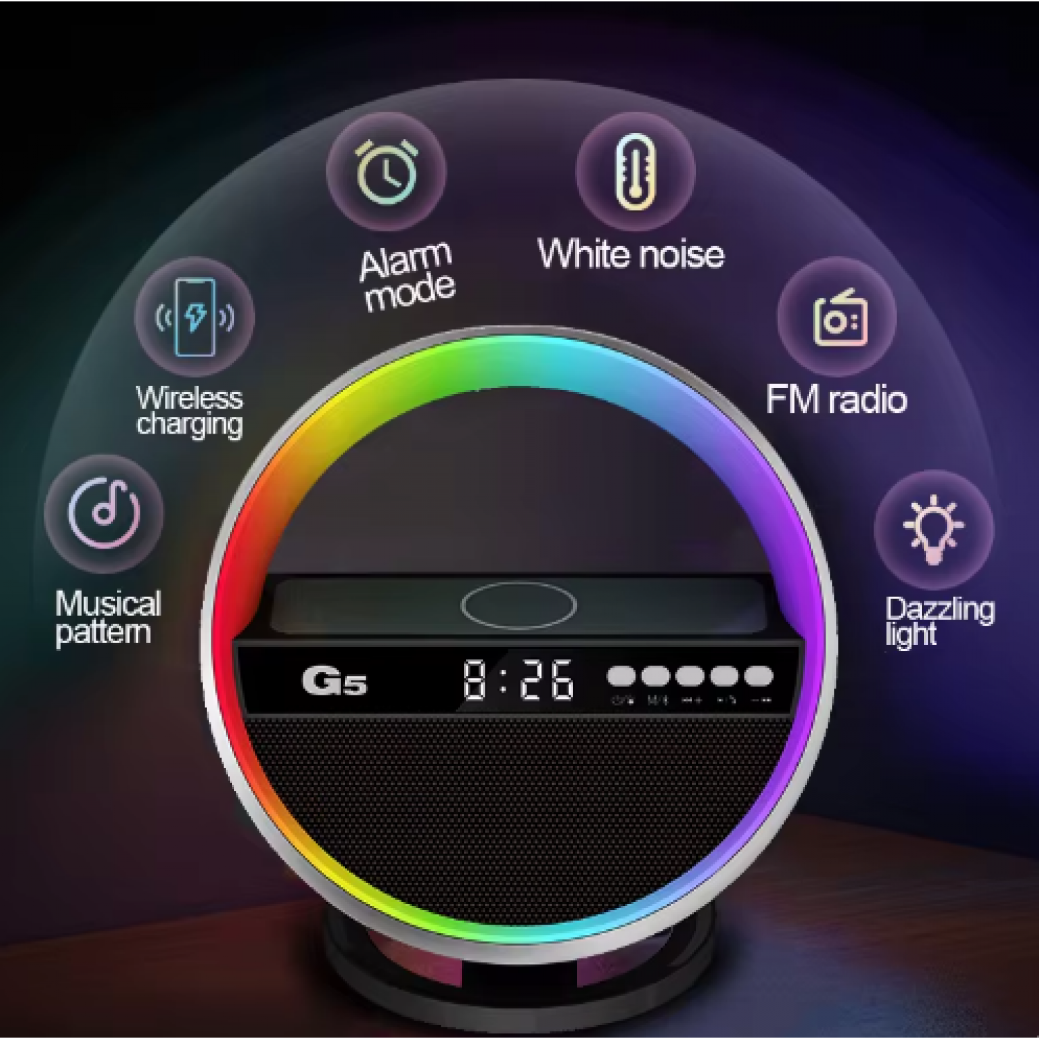 Boxa portabila cu ceas, cu acumulator, multicolora, incarcare wireless G5 Pentru Casa