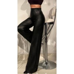 Pantaloni damă din piele ecologică, cu talie înaltă și croială evazată – Negru