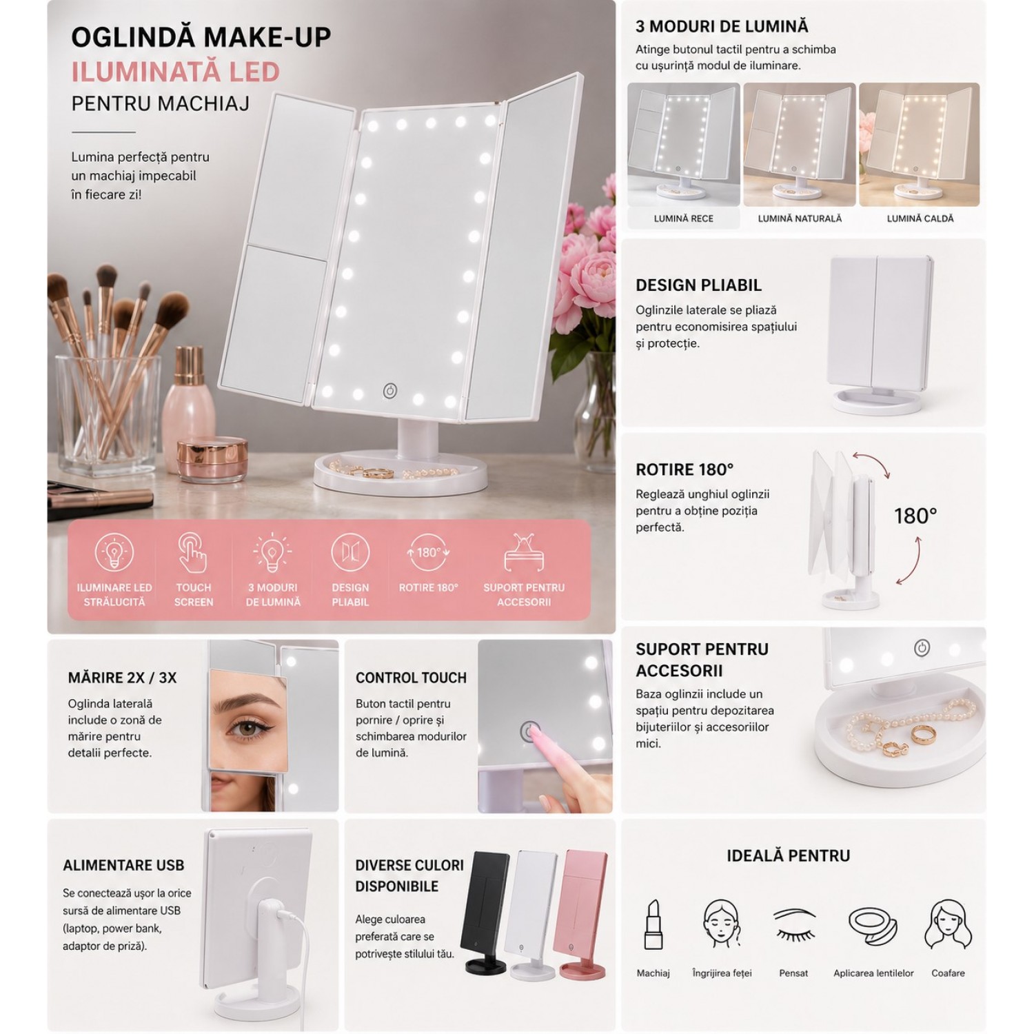 Oglinda make-up iluminata LED pentru machiaj Frumusete si sanatate